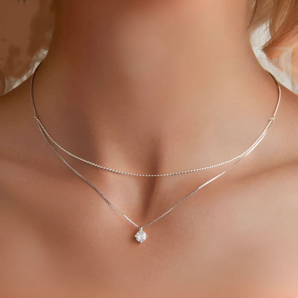 Women's S925 sterling silver double-layer necklace with pearl chain in shining silver colour
