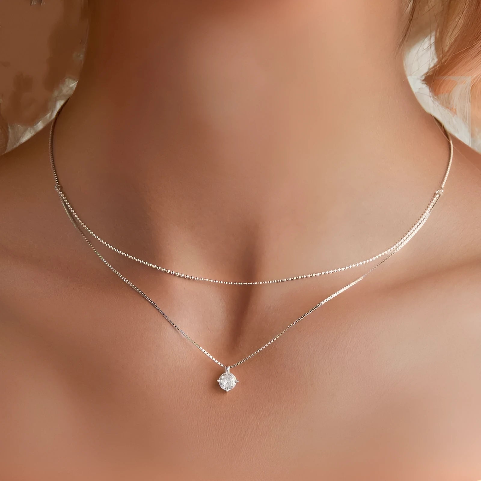 Women's S925 sterling silver double-layer necklace with pearl chain in shining silver colour