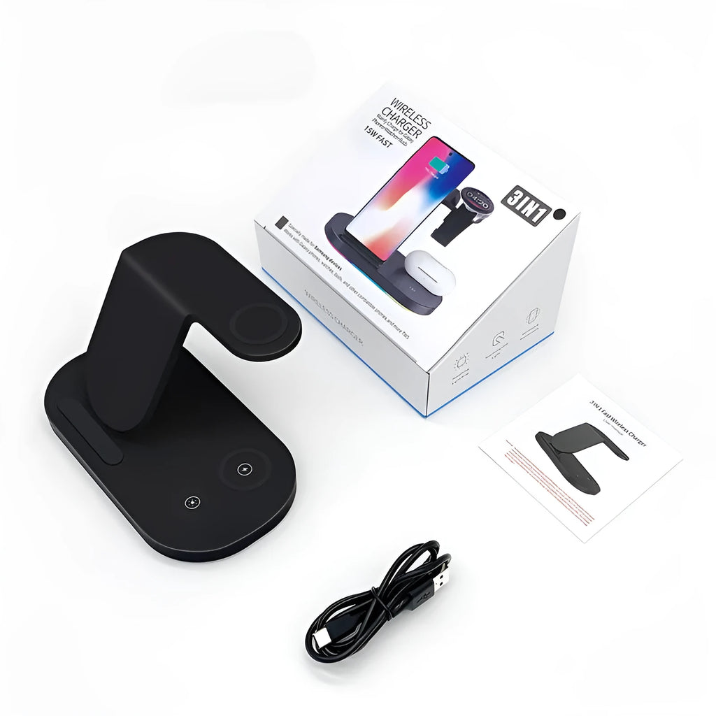 Three-in-one fast wireless charger in ice crystal white, ABS, with Type-C input, front view