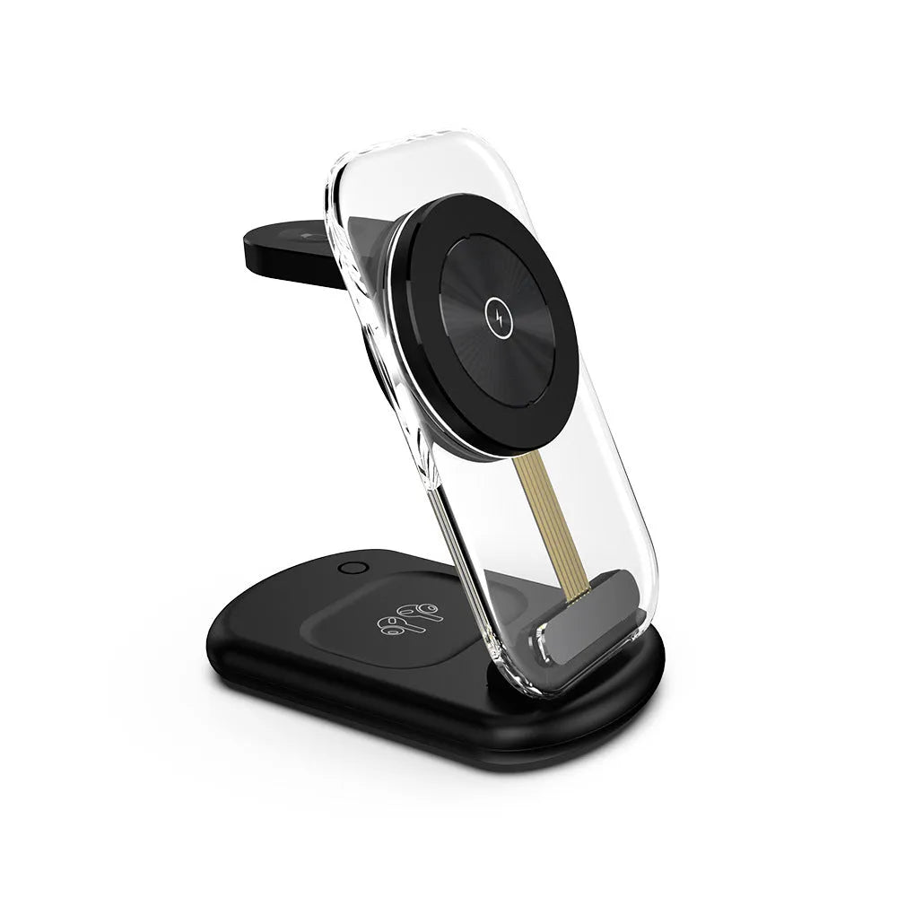 Transparent folding magnetic three-in-one wireless charger showing black and white colour options
