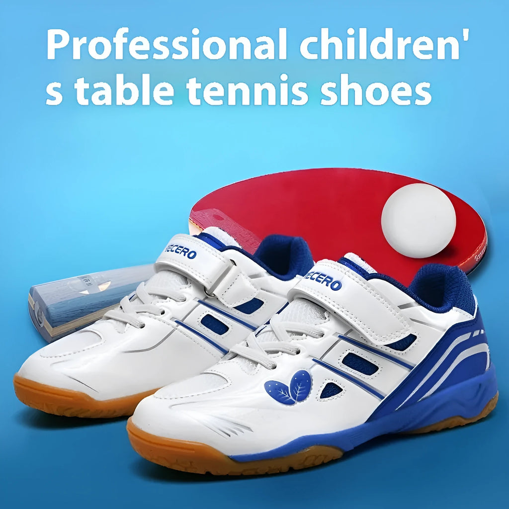 White and blue low-top badminton shoes with ribbed sole and round toe