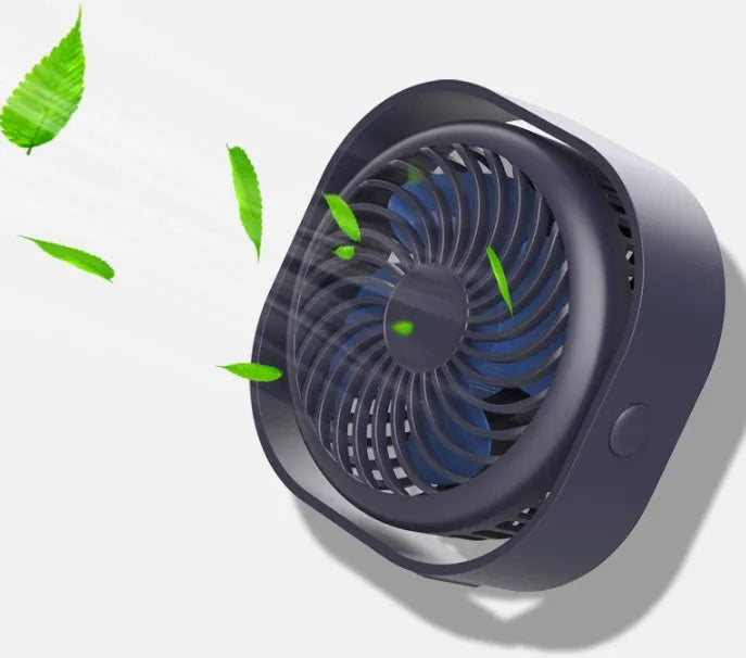 USB desk fan with alarm clock display in modern minimalist design, showing 360-degree rotation.