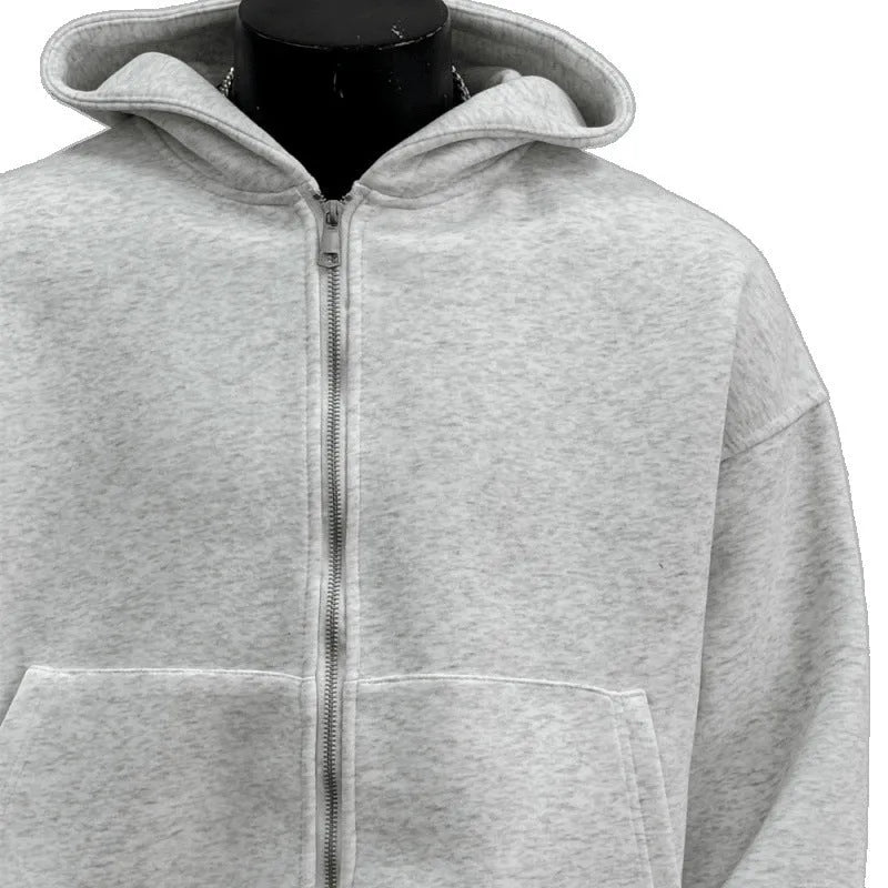 Hooded men's coat in light gray with backpack-style front pocket, polyester cotton blend, casual fit