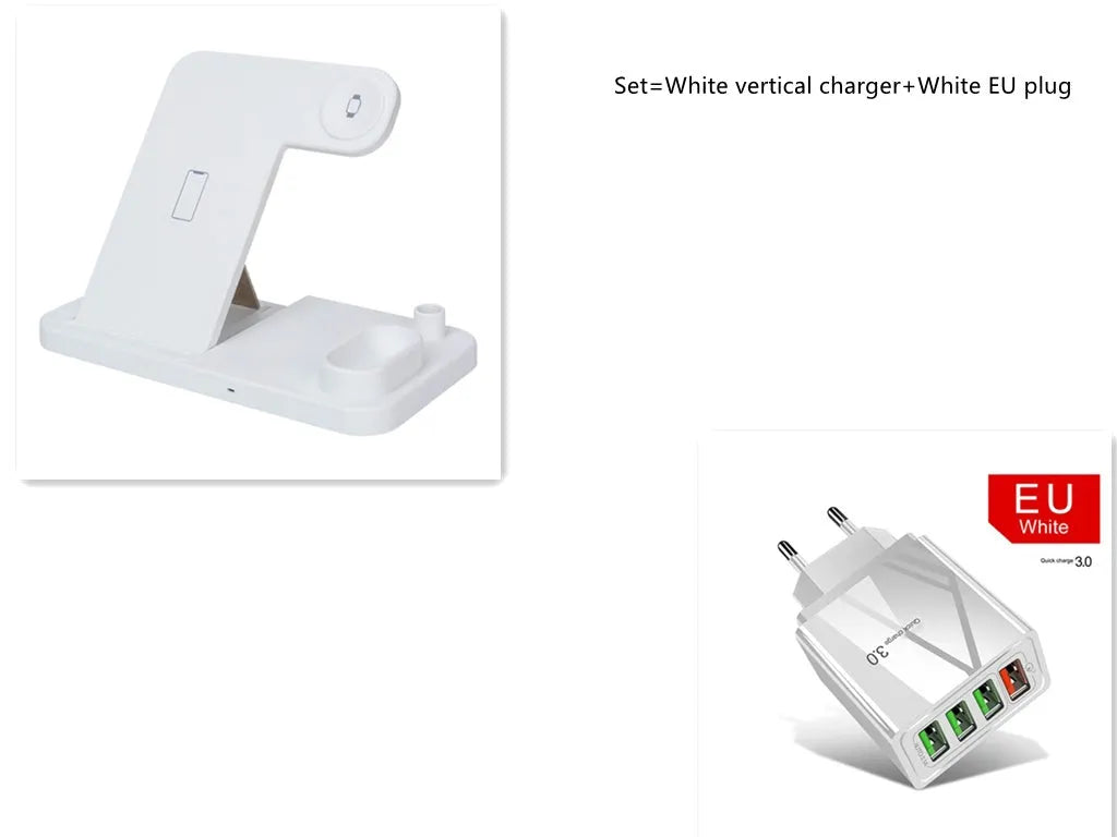 Black 4-in-1 wireless charging station for iPhone, Apple Watch, AirPods and Apple Pencil on a desk
