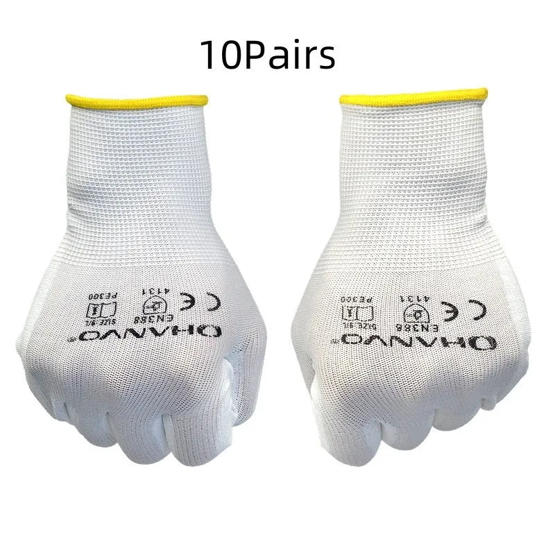 White PU coated labour gloves showing palm grip texture and 24 cm length.