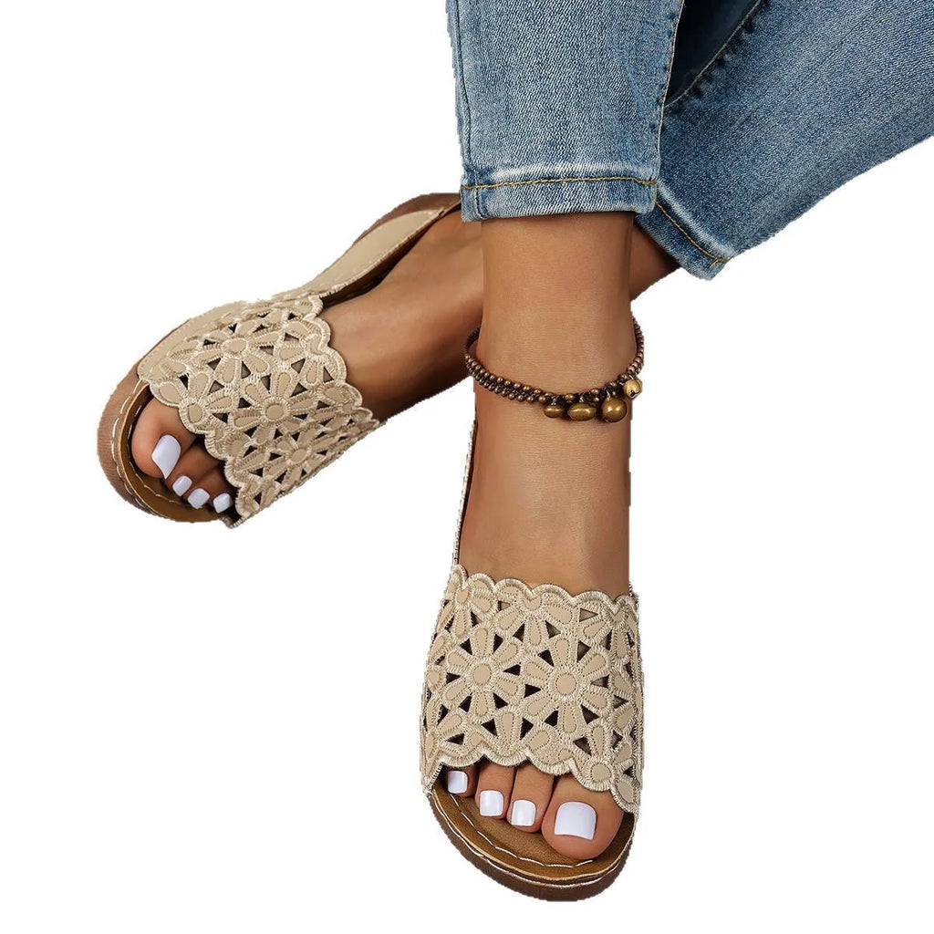Women's flower cutout wedge beach slippers with PVC upper and fish mouth toe in light brown