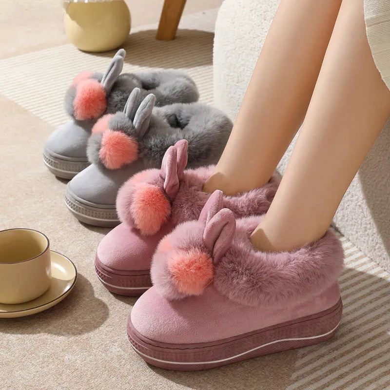 Winter high heel thick-soled cotton slippers in gray with non-slip TPR sole and plush upper