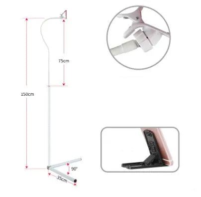 Mobile phone bed bracket with overhead support shelf in black and white colour options