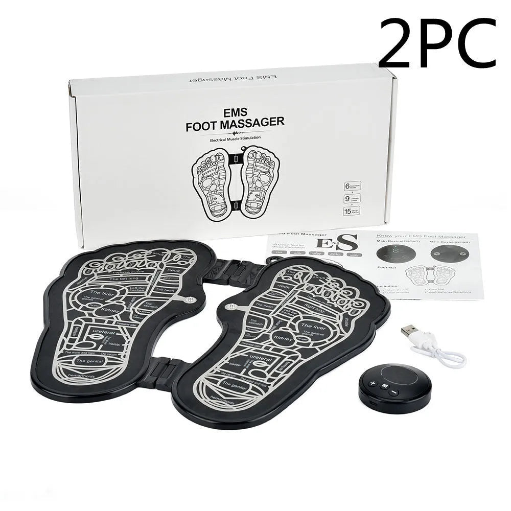Black rechargeable foldable EMS foot massager pad with control host on floor