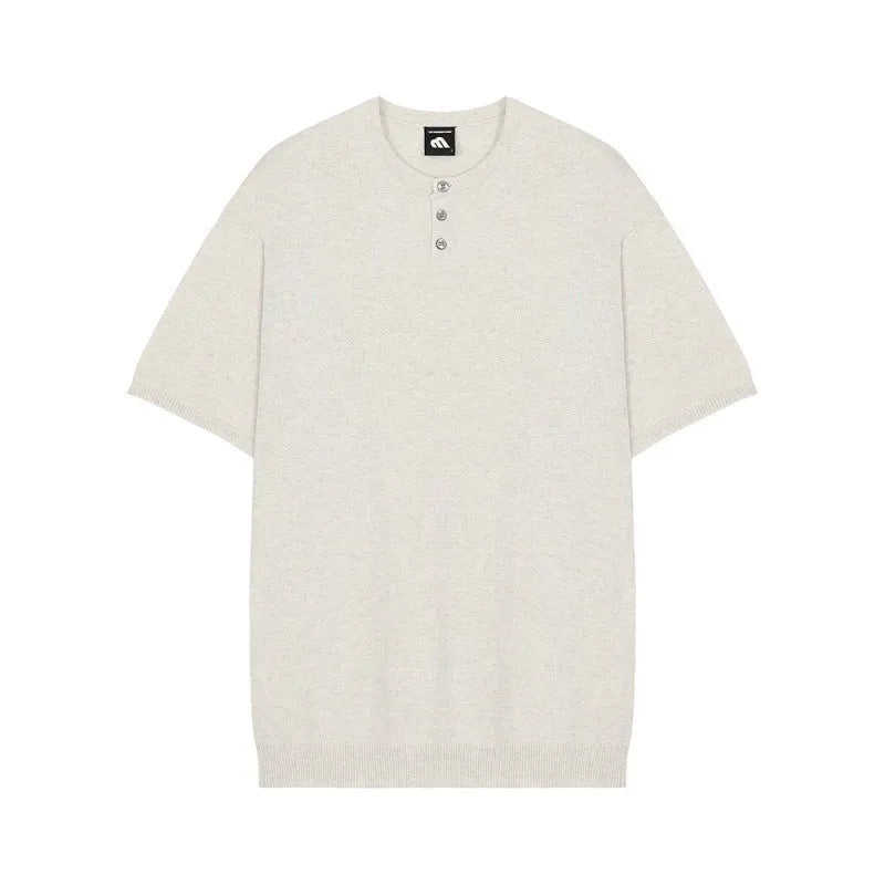 Men's slim-fit short-sleeved ice silk knitted shirt in black on a hanger.