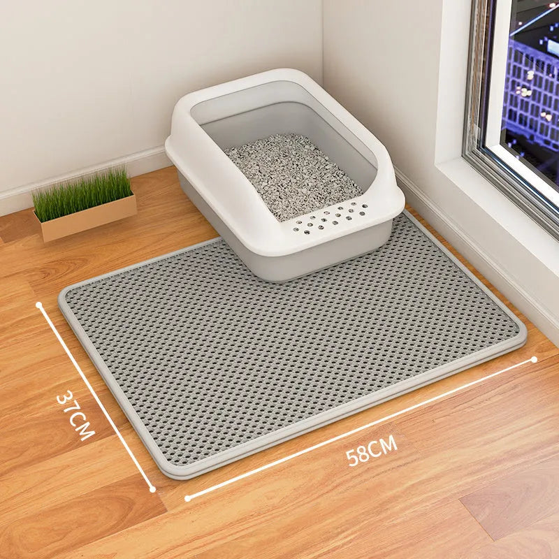 Double-layer waterproof cat litter mat with non-slip base in beige, available in multiple sizes for litter tray protection