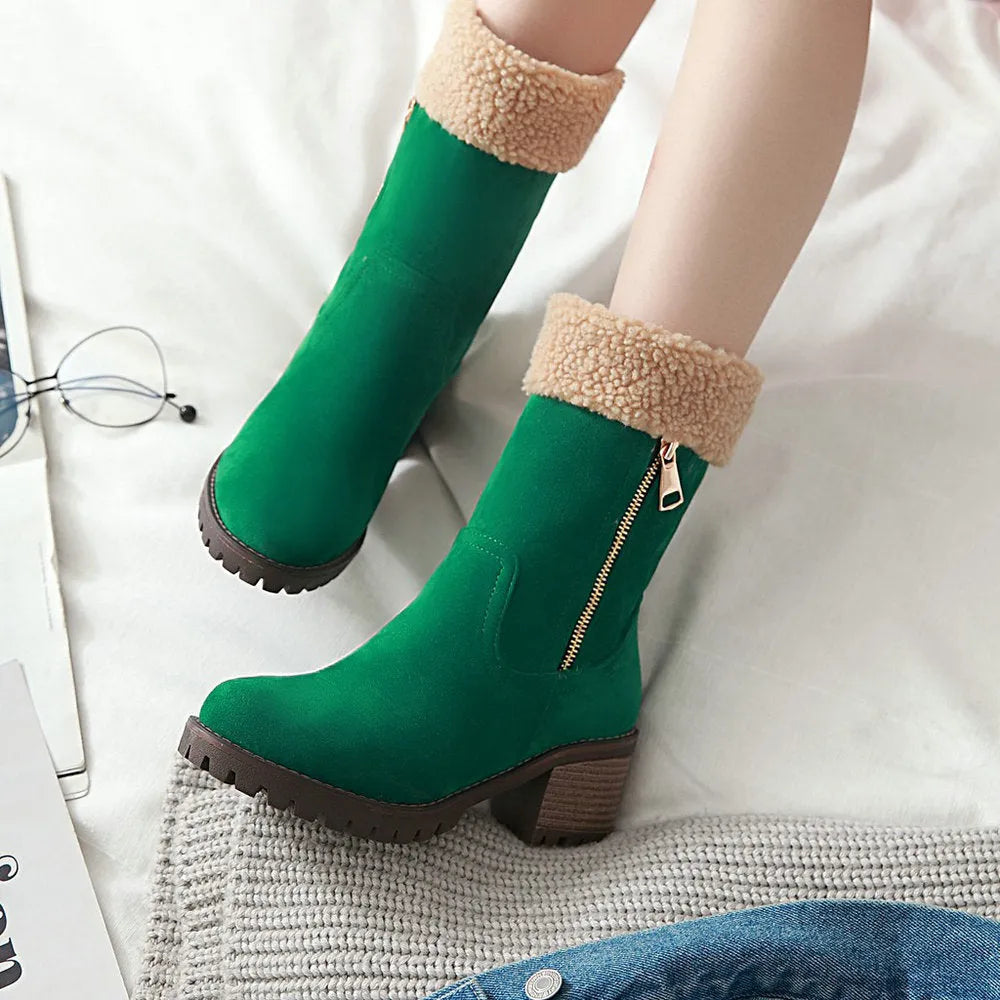 Ankle-high snow boots with a rubber sole and plush lining, shown in black, grey, green, and orange.