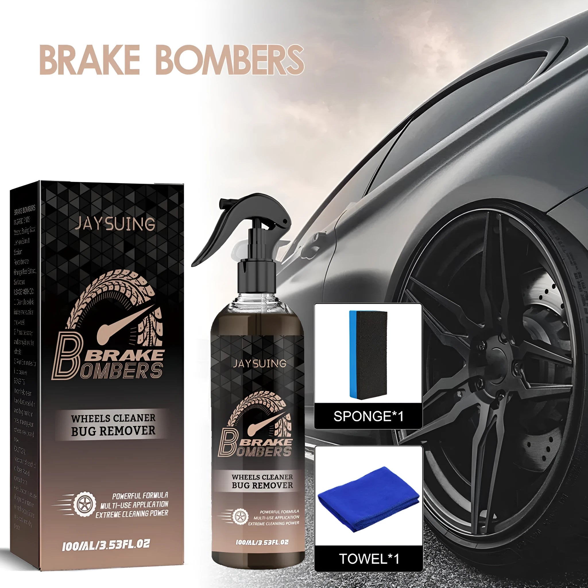 Car brake disc cleanser kit with 100ml detergent, sponge, and cloth for rust removal and polishing