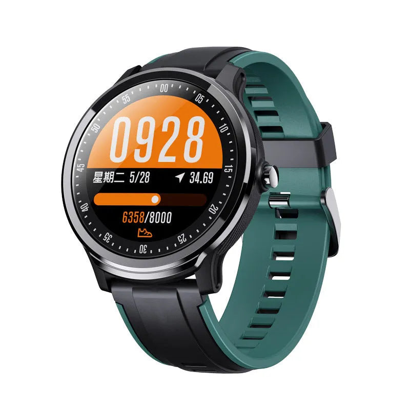 Waterproof heart rate multi sport smart watch with touch screen, green colour, front view