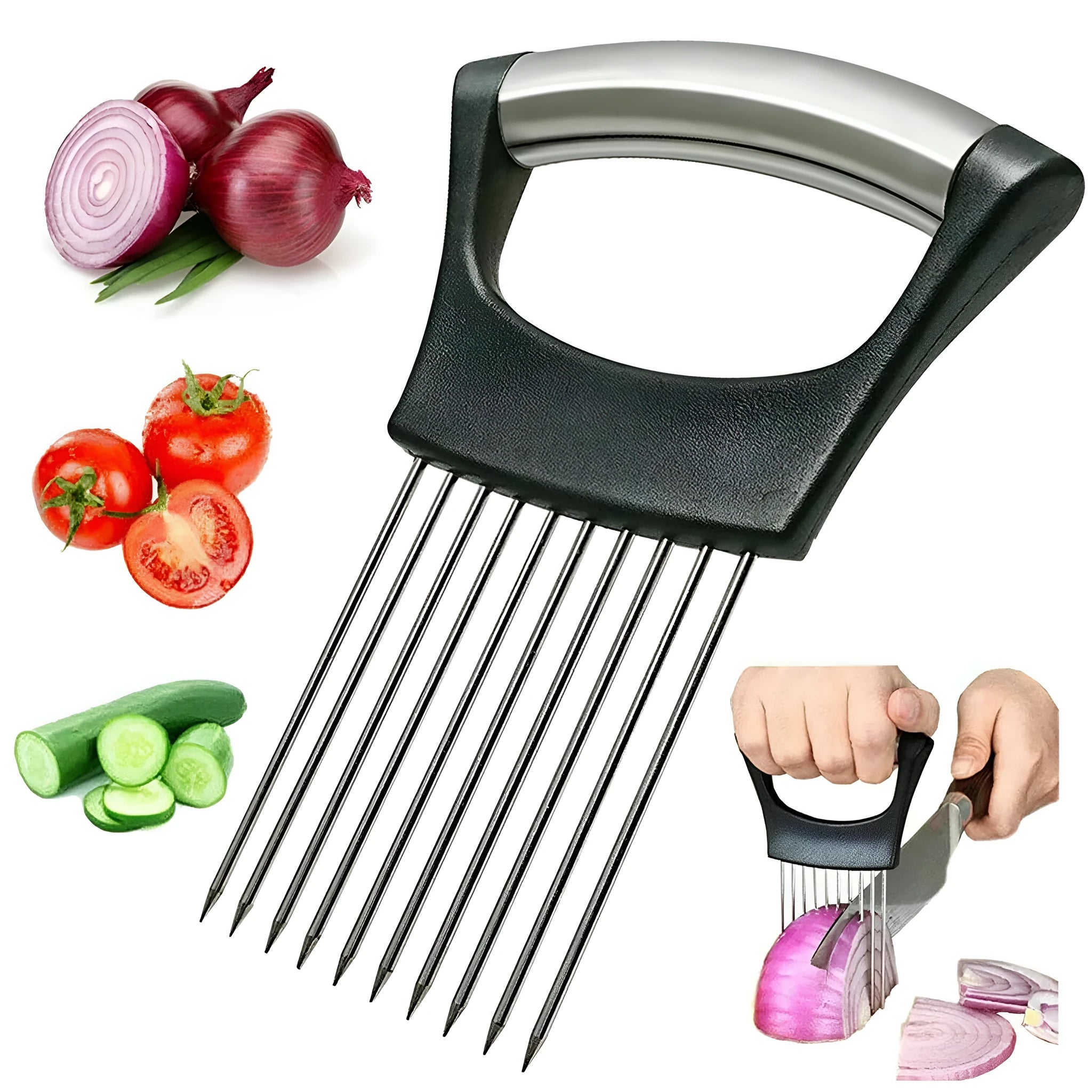Stainless Steel Food Slice Assistant Onion Holder Slicer Tomato Cutter with NonSlip Handle 14cm x 9.5mm Kitchen Tool for Fixing and Dividing Food Materials