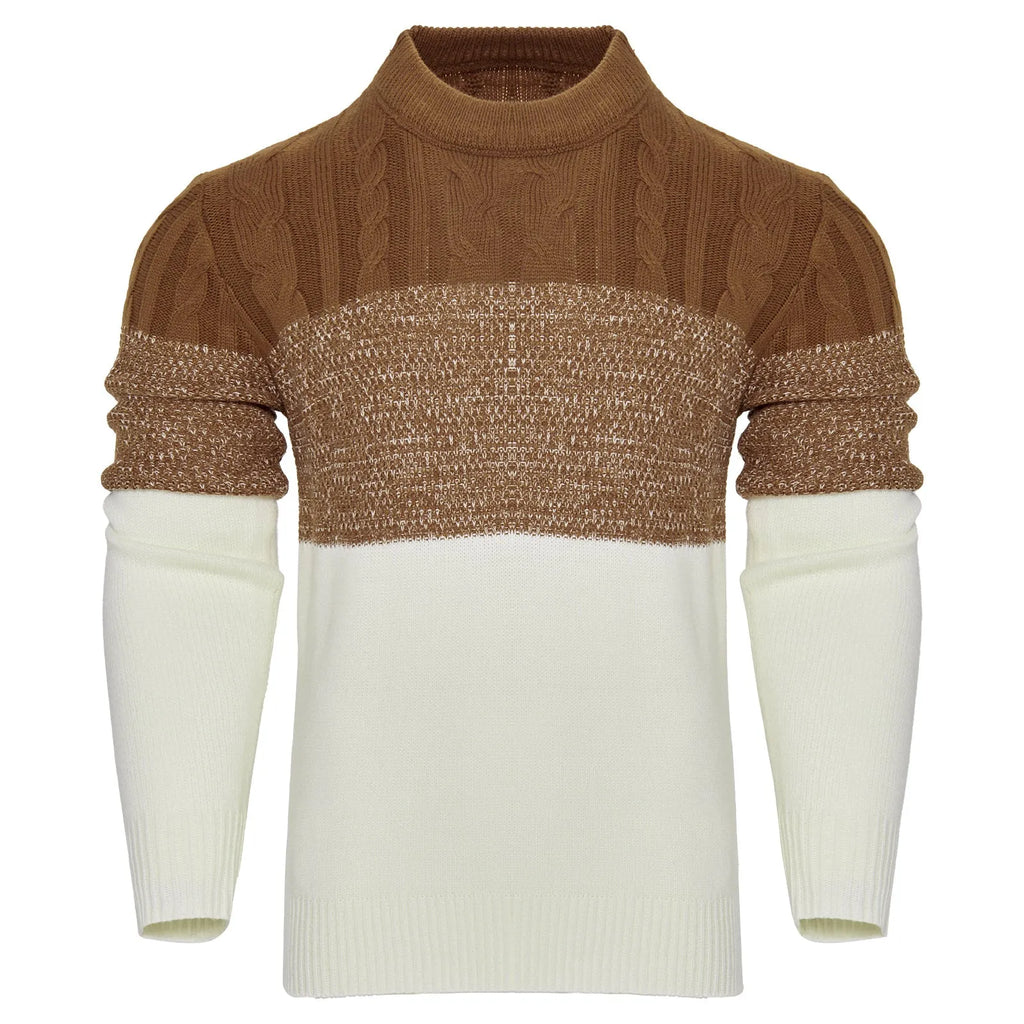 Men's casual colour block long sleeve cable knit pullover sweater in blue, with crew neck and ribbed cuffs