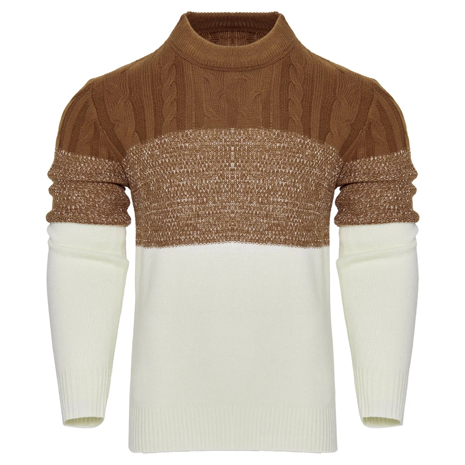 Men's casual colour block long sleeve cable knit pullover sweater in blue, with crew neck and ribbed cuffs