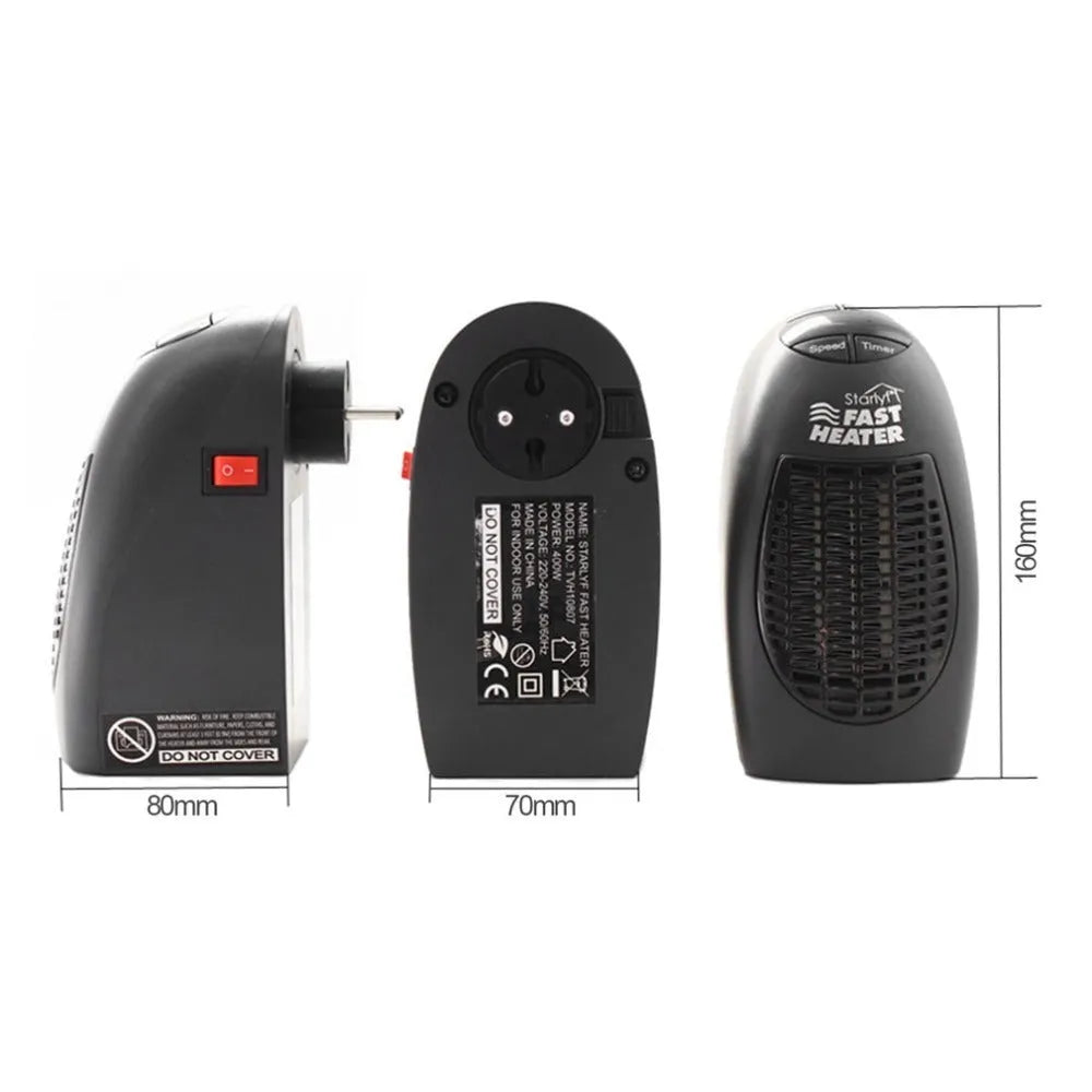 Black portable electric ceramic heater with digital display and rotating plug on a table