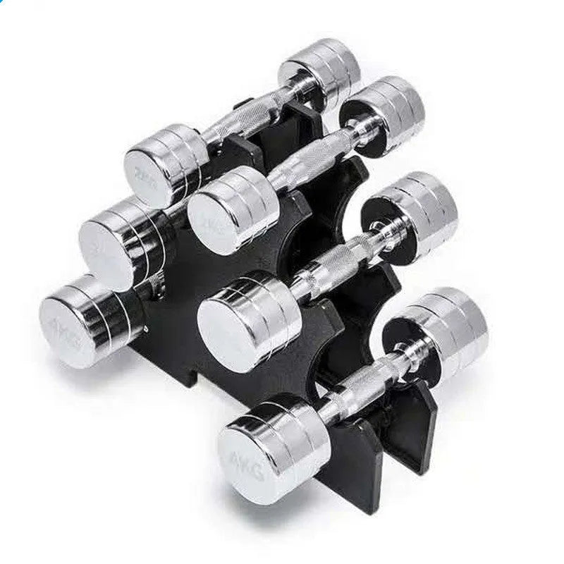 Silver pure steel dumbbell with hexagon rod handle on grey background.