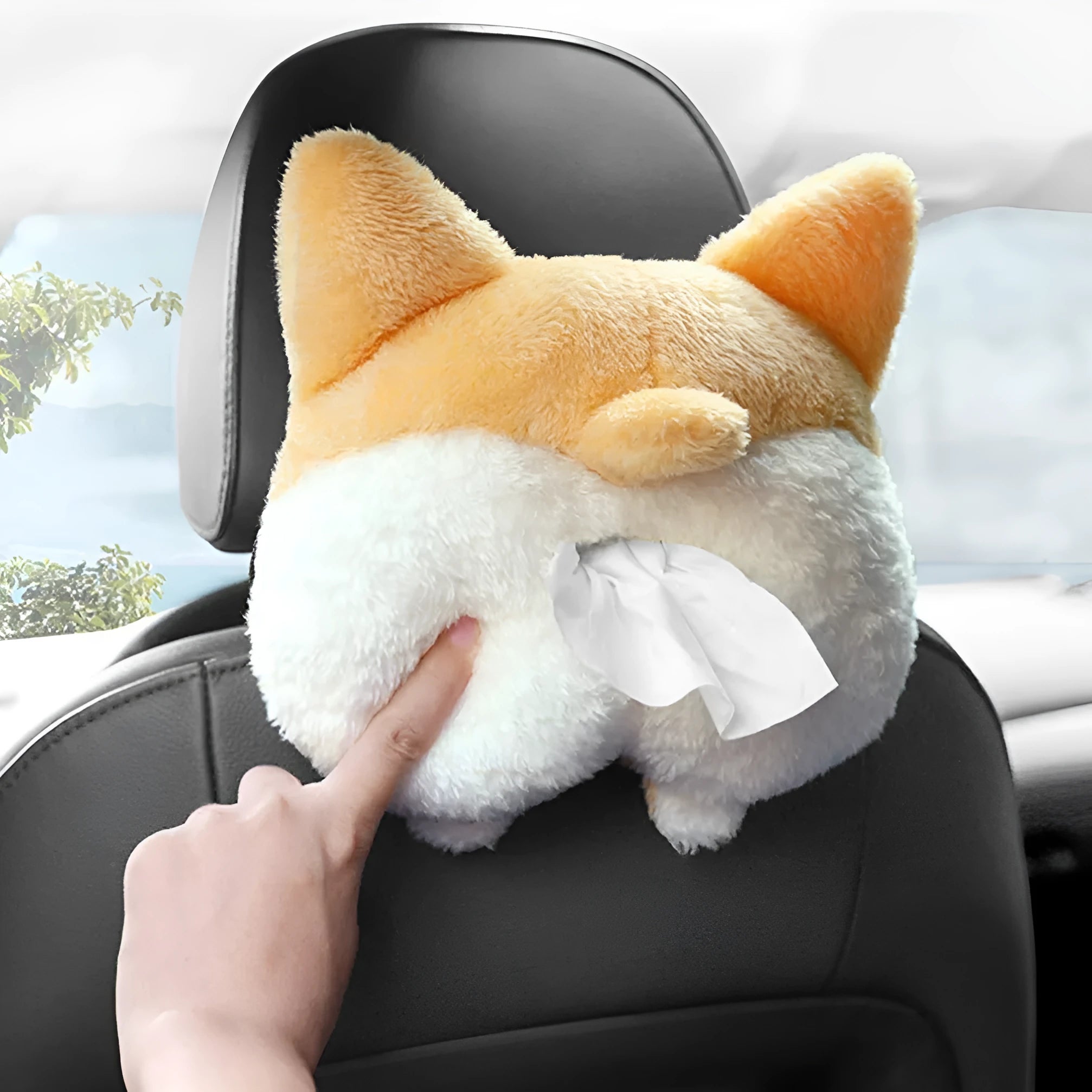 Yellow corgi butt-shaped soft tissue box cover with elastic strap for car sun visor.