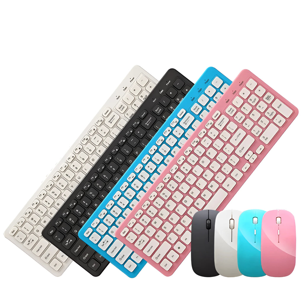 Wireless keyboard and mouse set in choice of four colours with micro USB receiver