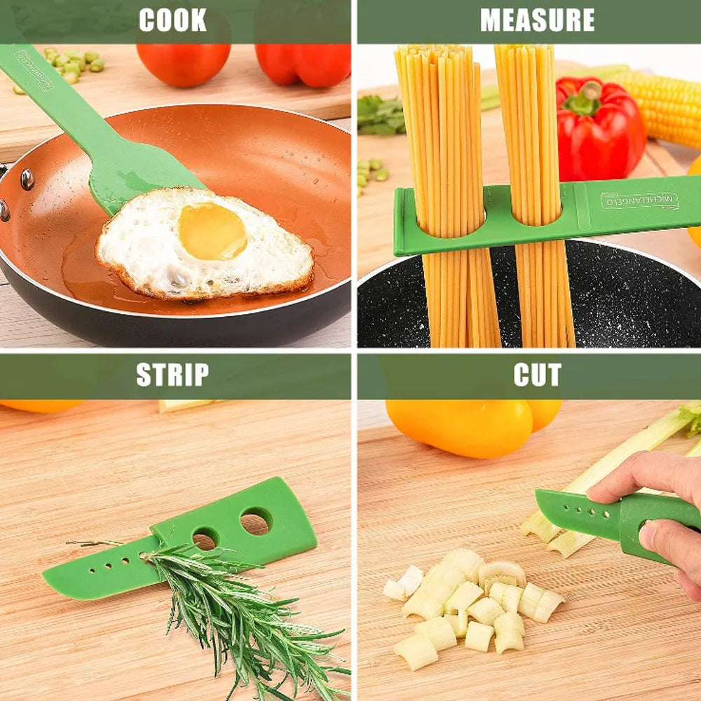 Plastic multifunction kitchen spoon set with spatula and spaghetti spoon measuring 30.5cm and 28cm