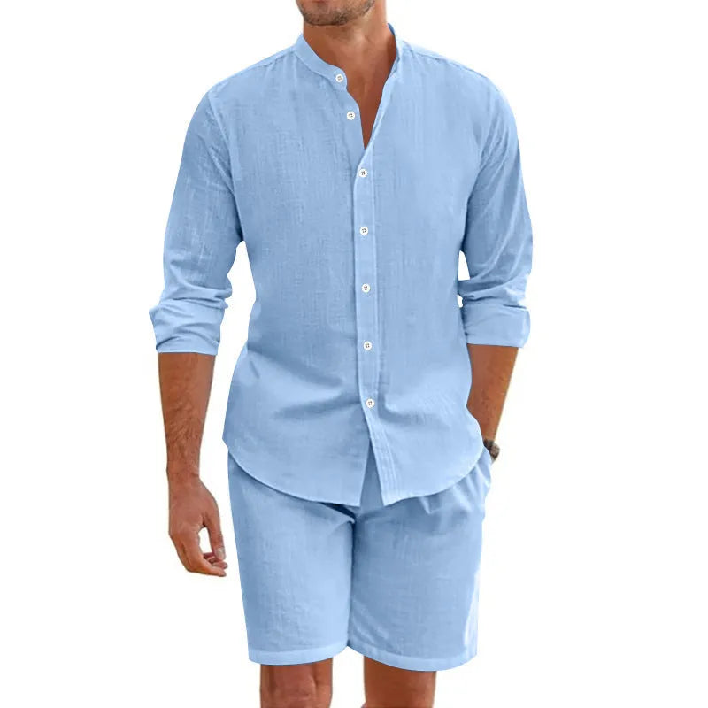 Men's linen-blend summer shirt and shorts set in dark grey with button-down top and drawstring waist shorts