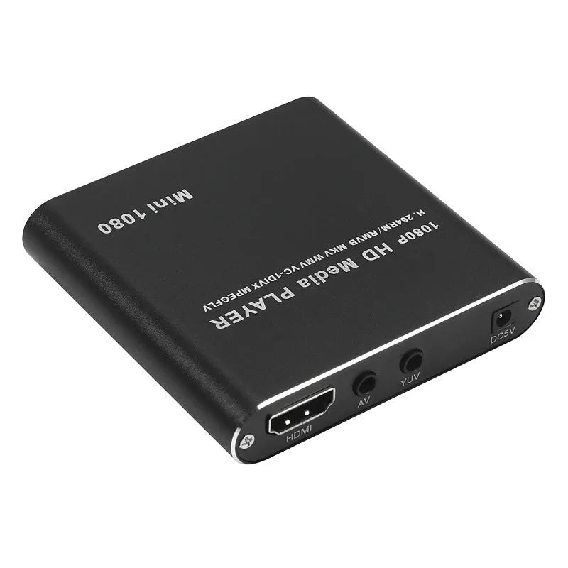 Compact blue or black all-metal 1080p Full HD media player with remote control