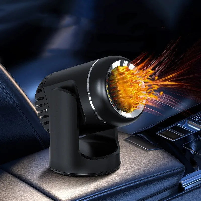 Compact 12V car heater defrost fan in black and white ABS plastic with heat switch and 1.5m power cord