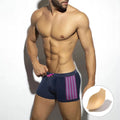 Men's polka dot print quick-dry swimming boxers in nylon on a hanger