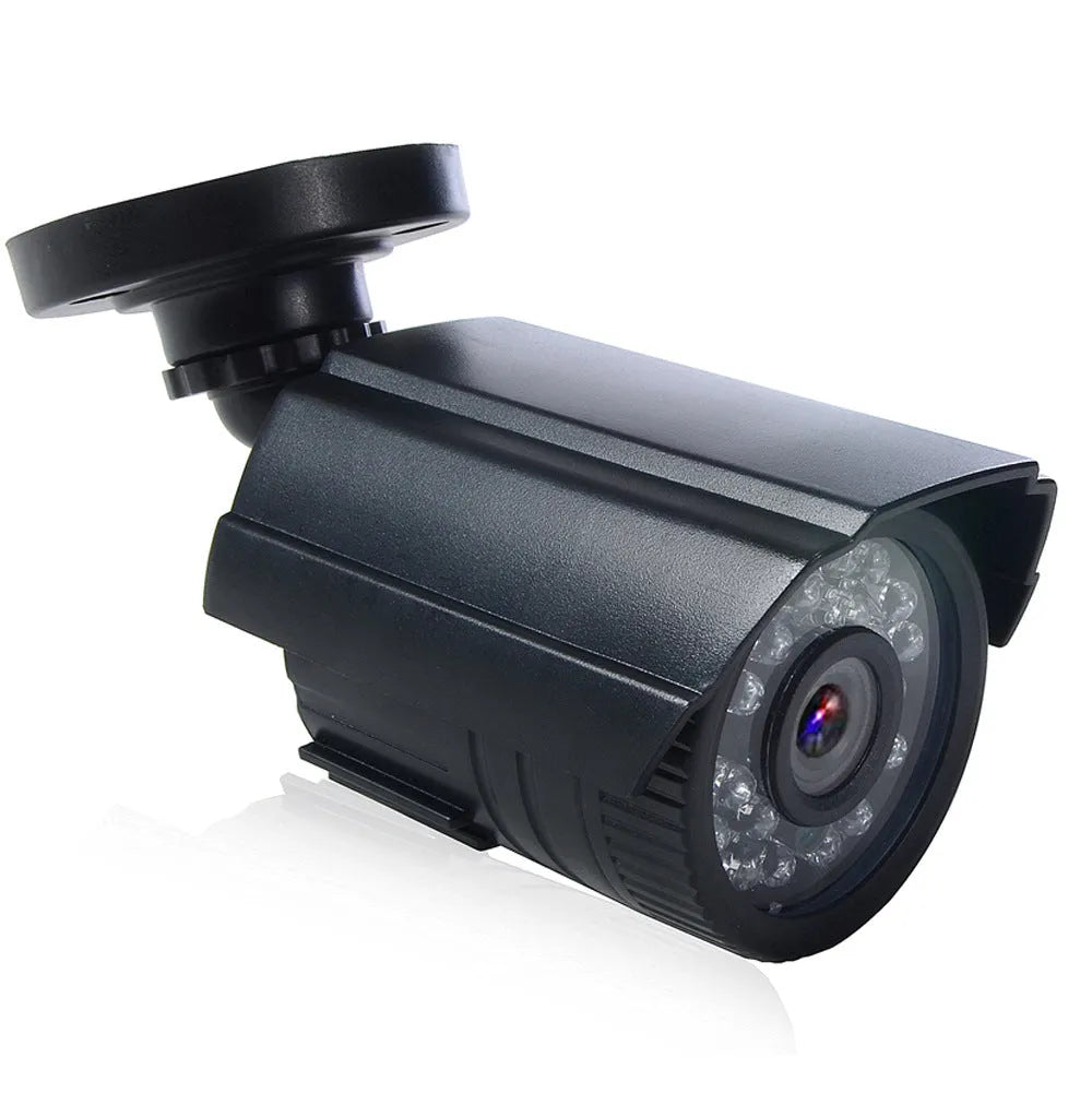 Black HD waterproof security camera with infrared night vision for outdoor surveillance