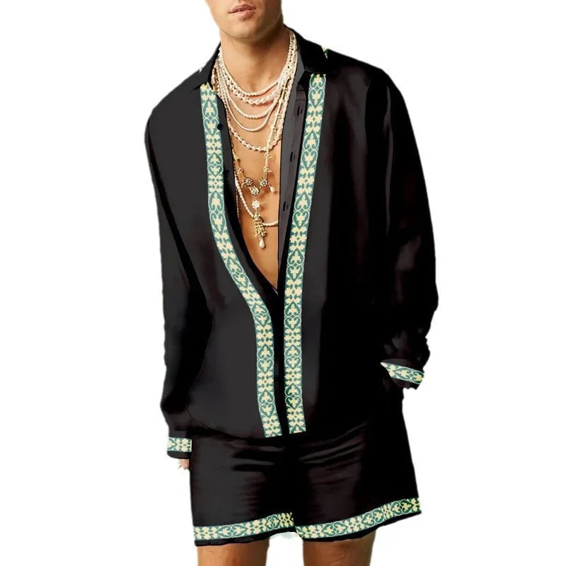 Men's slim-fit polyester summer shirt and shorts set in various colours