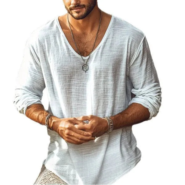 Beige V-neck long-sleeved slim fit t-shirt laid flat.