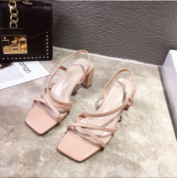 Women's thick heel sandals in apricot colour with one-strap design and backless style