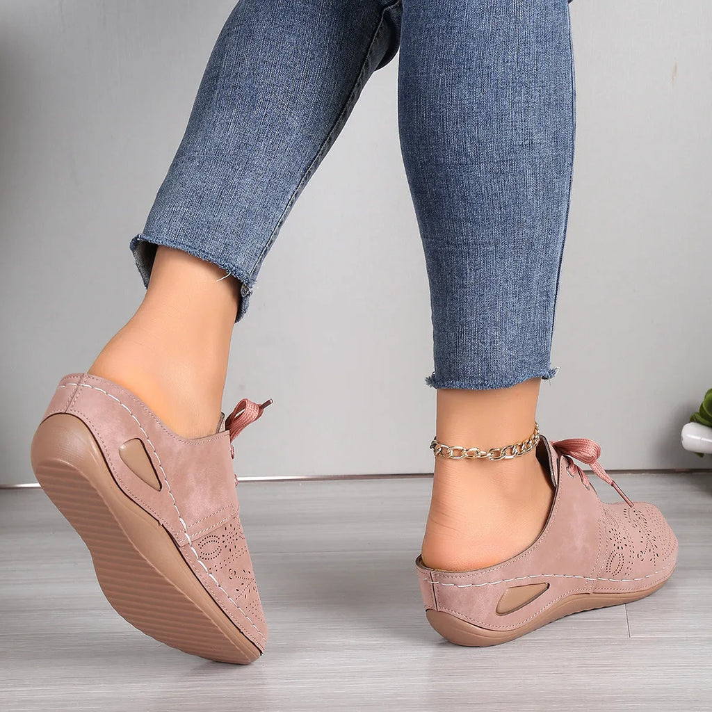 Women's light grey suede lace-up wedge slippers with a hollow-out rubber sole.