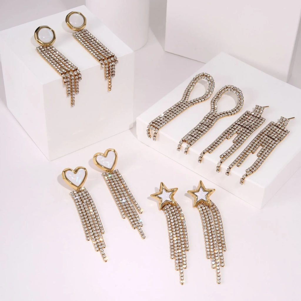 Diamond tassel stainless steel earrings with electroplated 18K gold finish in heart and star shapes