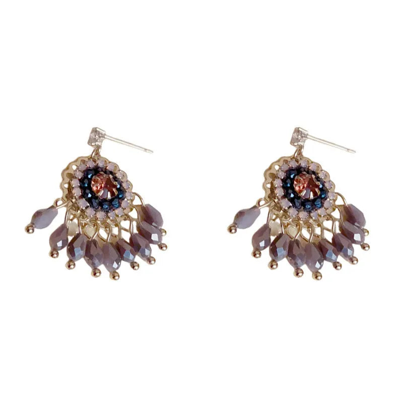 Diamond embedded round crystal tassel earrings thick gold plated copper geometric drop blue purple women's jewellery