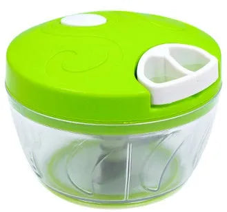 Green manual food chopper with three stainless steel blades, 500ml capacity, on a light background