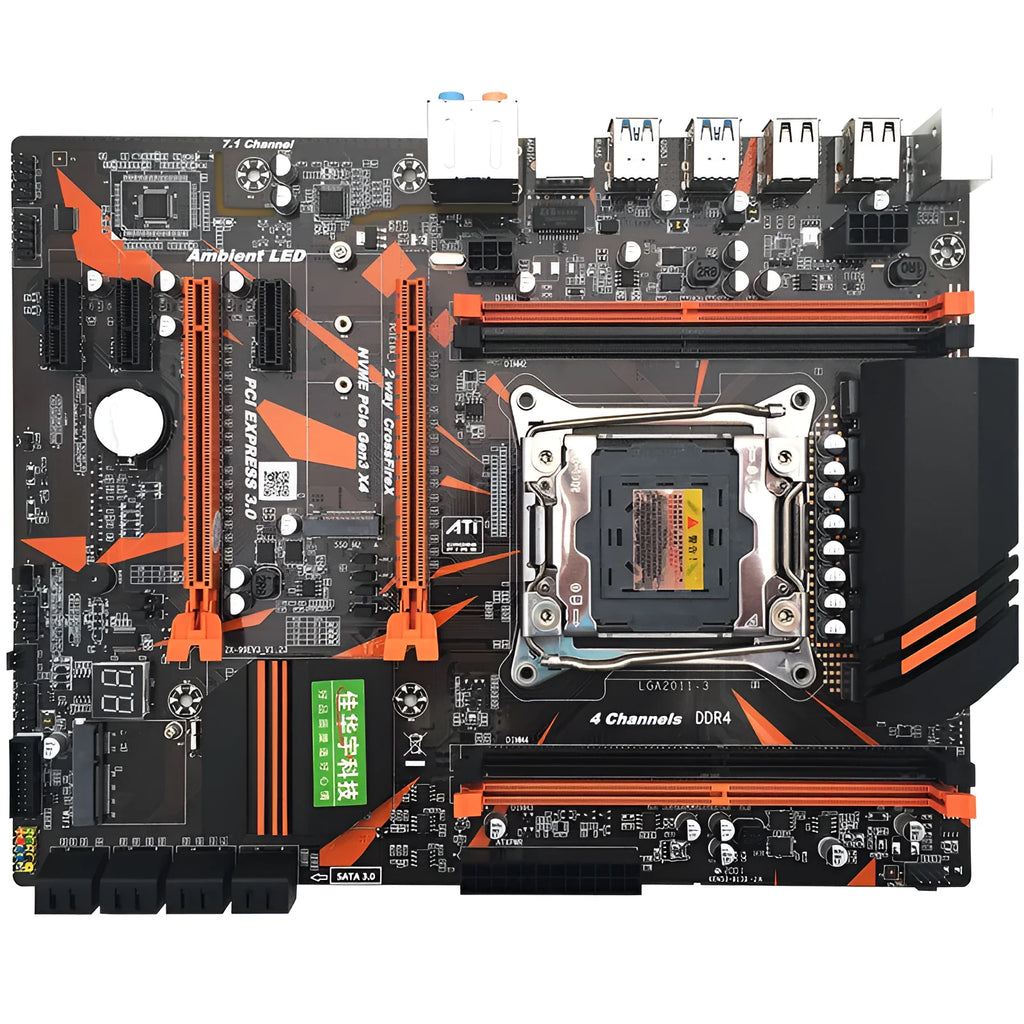 X99 computer motherboard with LGA2011-3 socket, four DDR4 slots, dual PCI-E x16, and black PCB