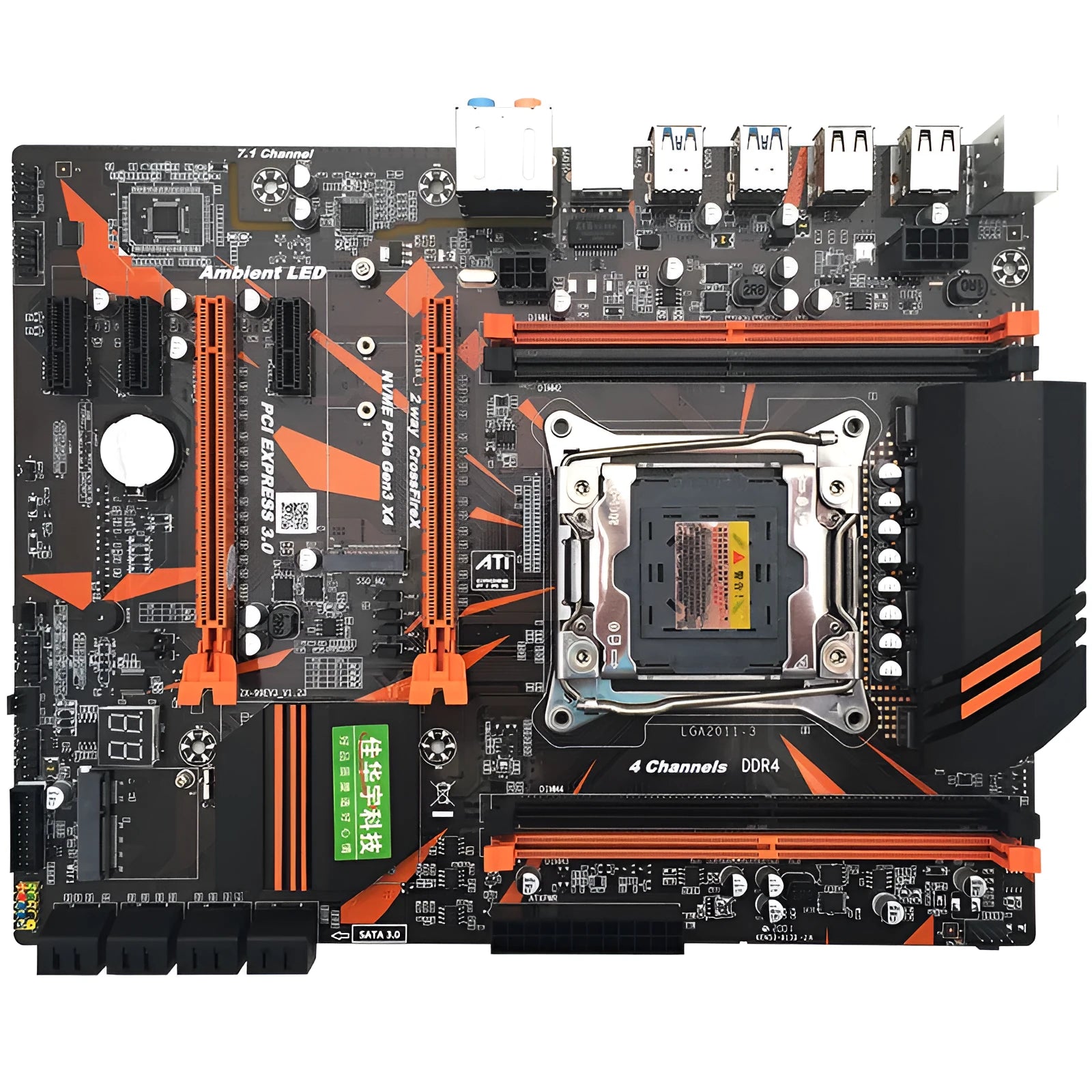 X99 computer motherboard with LGA2011-3 socket, four DDR4 slots, dual PCI-E x16, and black PCB
