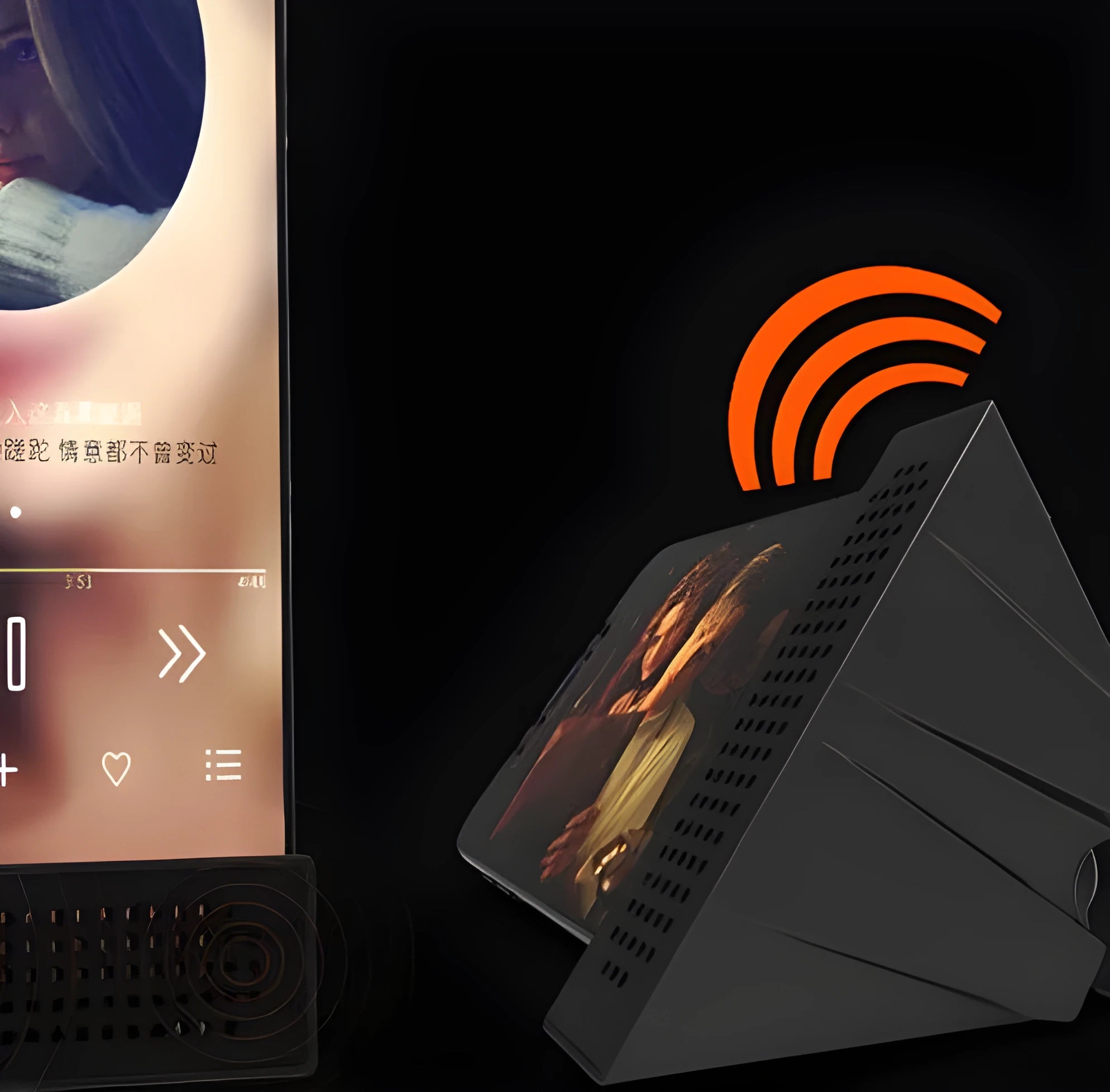 A small, coloured plastic mobile phone amplifier bracket holding an iPhone on a desktop.