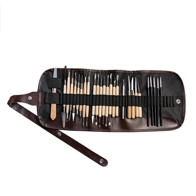 27-piece pottery clay tool set in a brown roll package for sculpting and DIY