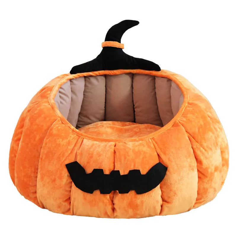 Soft fleece-lined pet bed in orange pumpkin shape for cats and small dogs