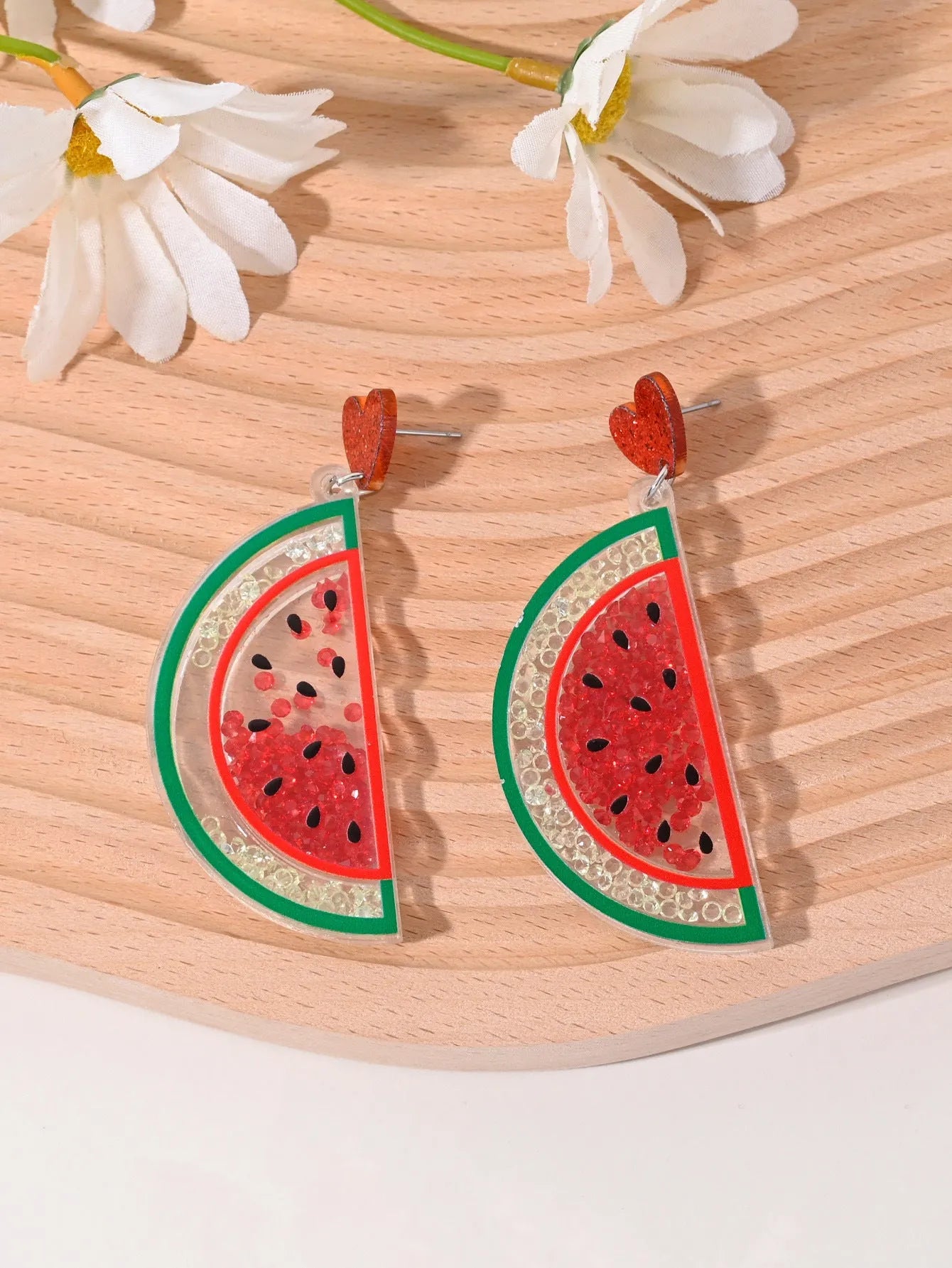 Acrylic drop earrings with fruit and dessert motifs including cherry, strawberry, watermelon, pineapple, coconut, cake, and ice cream, in pastoral style for women