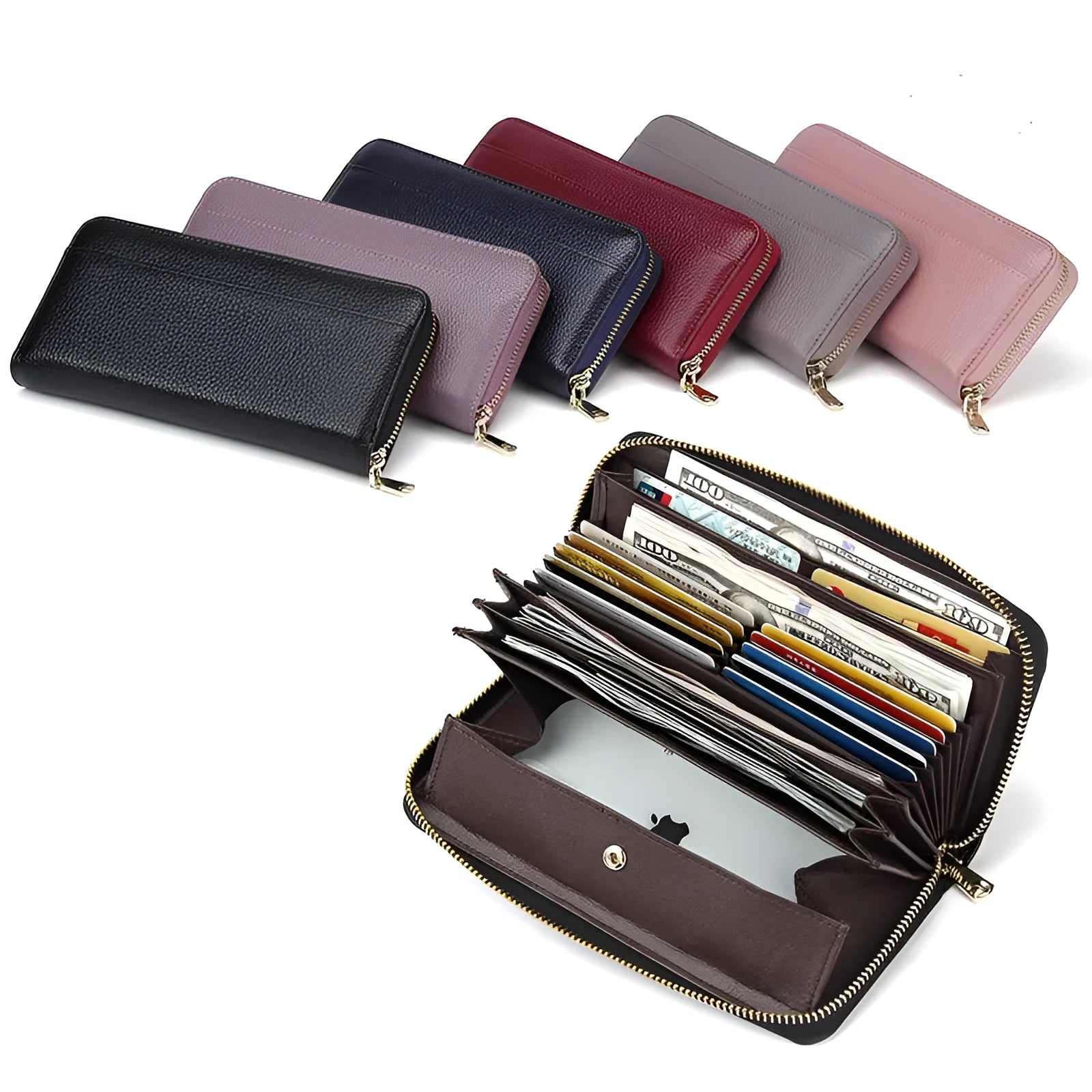 Long genuine leather women's wallet in urban simplicity style, shown in various solid colours