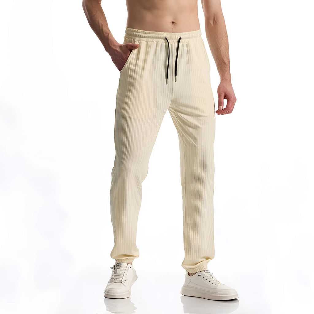 Silky rib fabric casual baggy straight trousers in black, white, and khaki with drawstring mid-waist