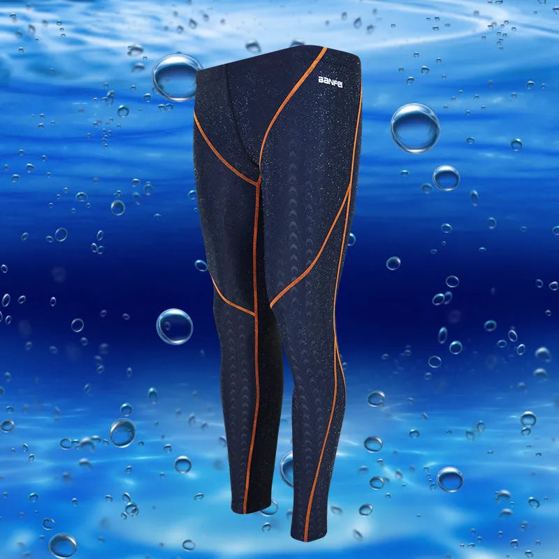 Men's black nylon cropped swimming trunks with a grey contrast stripe and internal mesh lining.