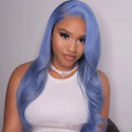 Body wave textured human hair lace front wig with 13x4 frontal closure on a model.