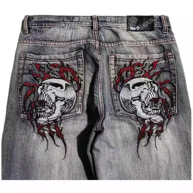 Grey washed-out men's jeans with a straight wide-leg cut and mid-rise waist
