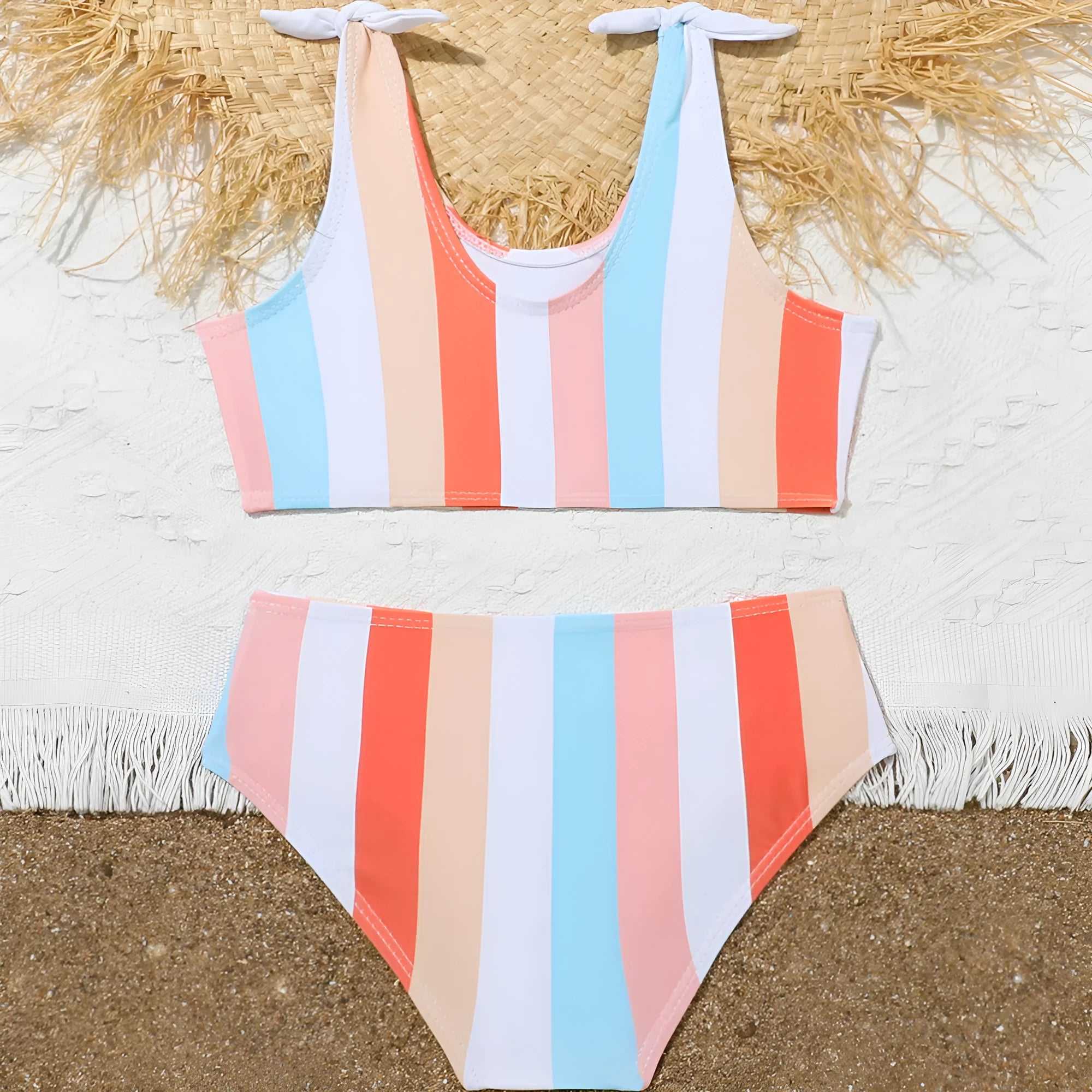 Girls printed plaid pattern seaside vacation swimsuit in brief style with polyester lining, available in multiple sizes